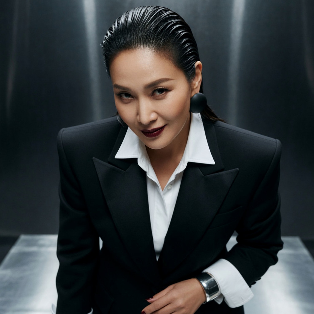 Kim Hye-soo melengkapi penampilan pemotretannya yang elegan dan intens dengan pakaian serba hitam, perhiasan yang mencolok, dan gaya rambut sanggul rendah yang disisir rapi ke belakang.