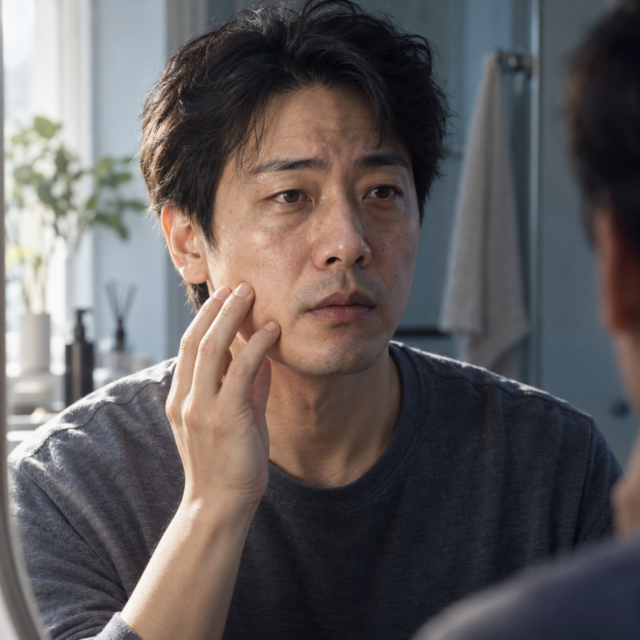 흡연으로 칙칙해진 피부와 깊어진 입가 주름, 짙어진 입술과 잇몸 변화를 보여주는 얼굴 클로즈업
