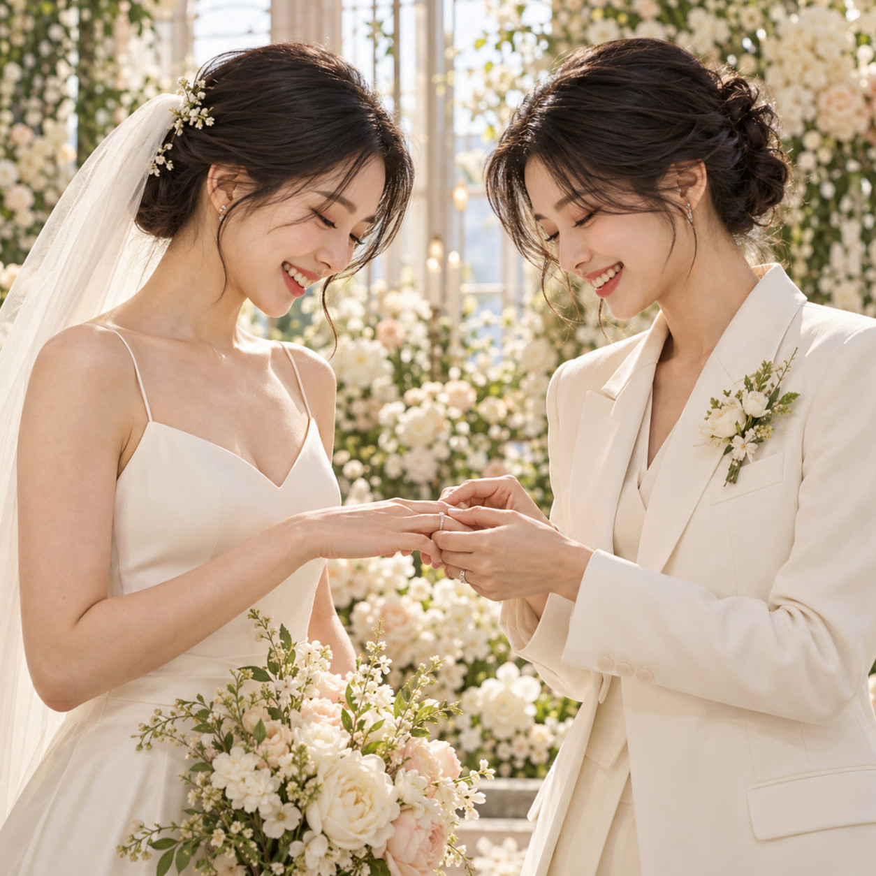 킬잇 우승자 김나라가 동성 연인과 함께 웨딩화보를 촬영하며 환하게 웃는 모습