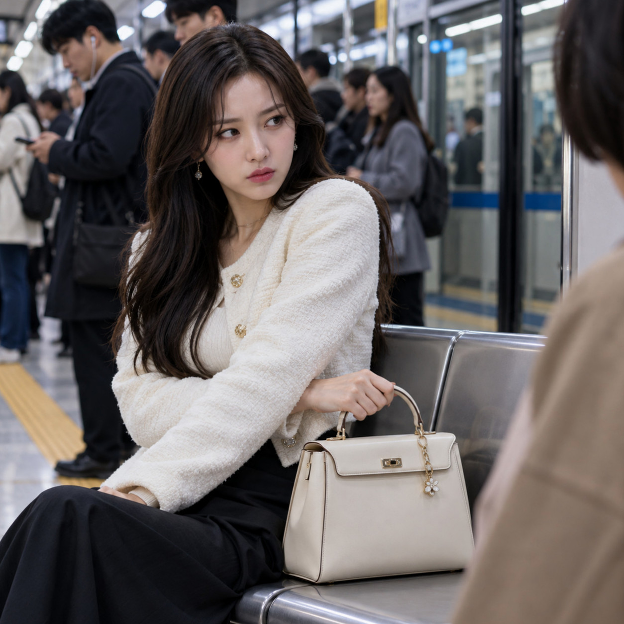 좁은 계단에서 단체 포즈를 맞추는 A2O LITE 멤버들 사이로 아이찡이 위치를 조정하는 출근길 포토타임 장면
