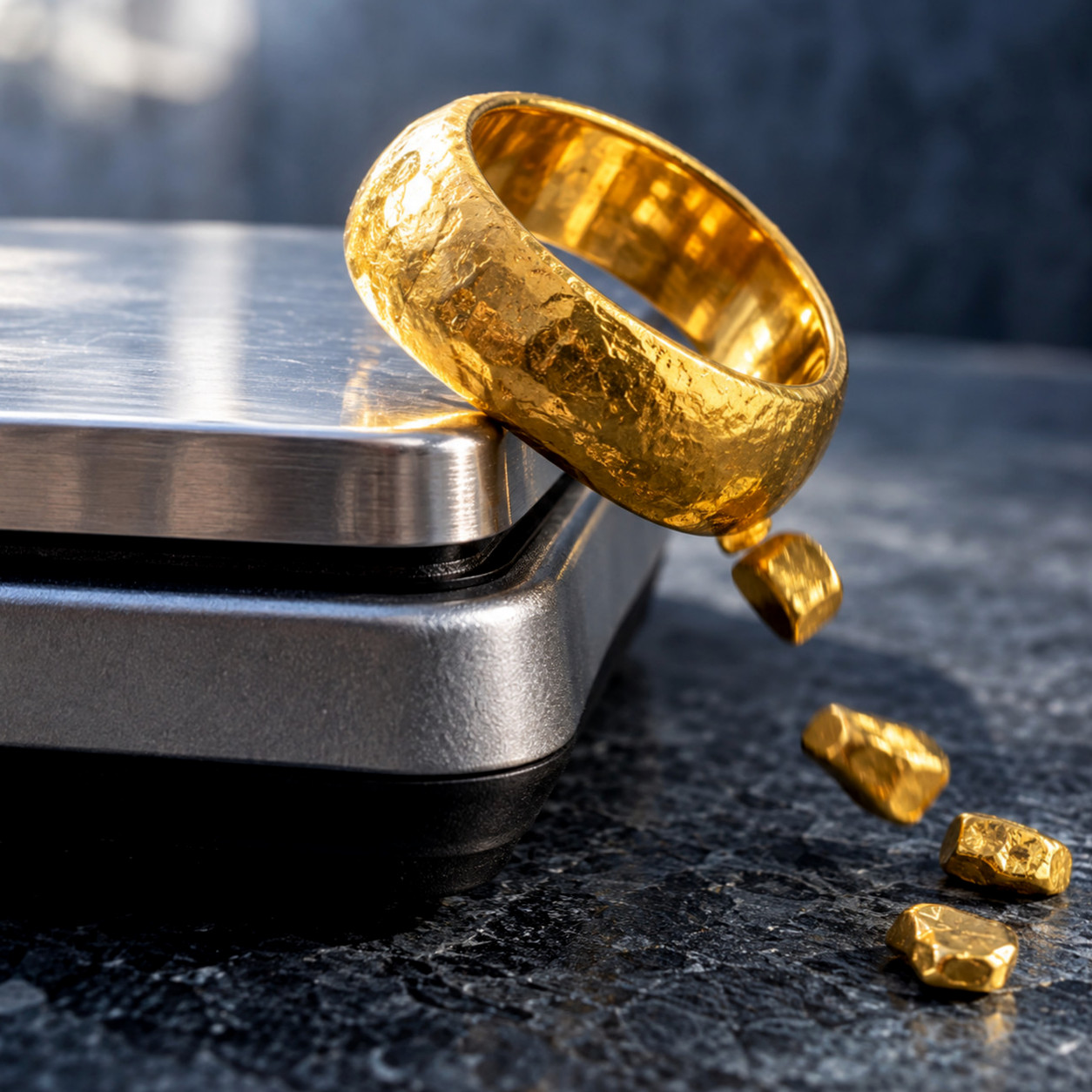 An image symbolizing the crash in gold prices, featuring a gold bar placed alongside a red arrow indicating a downward trend.