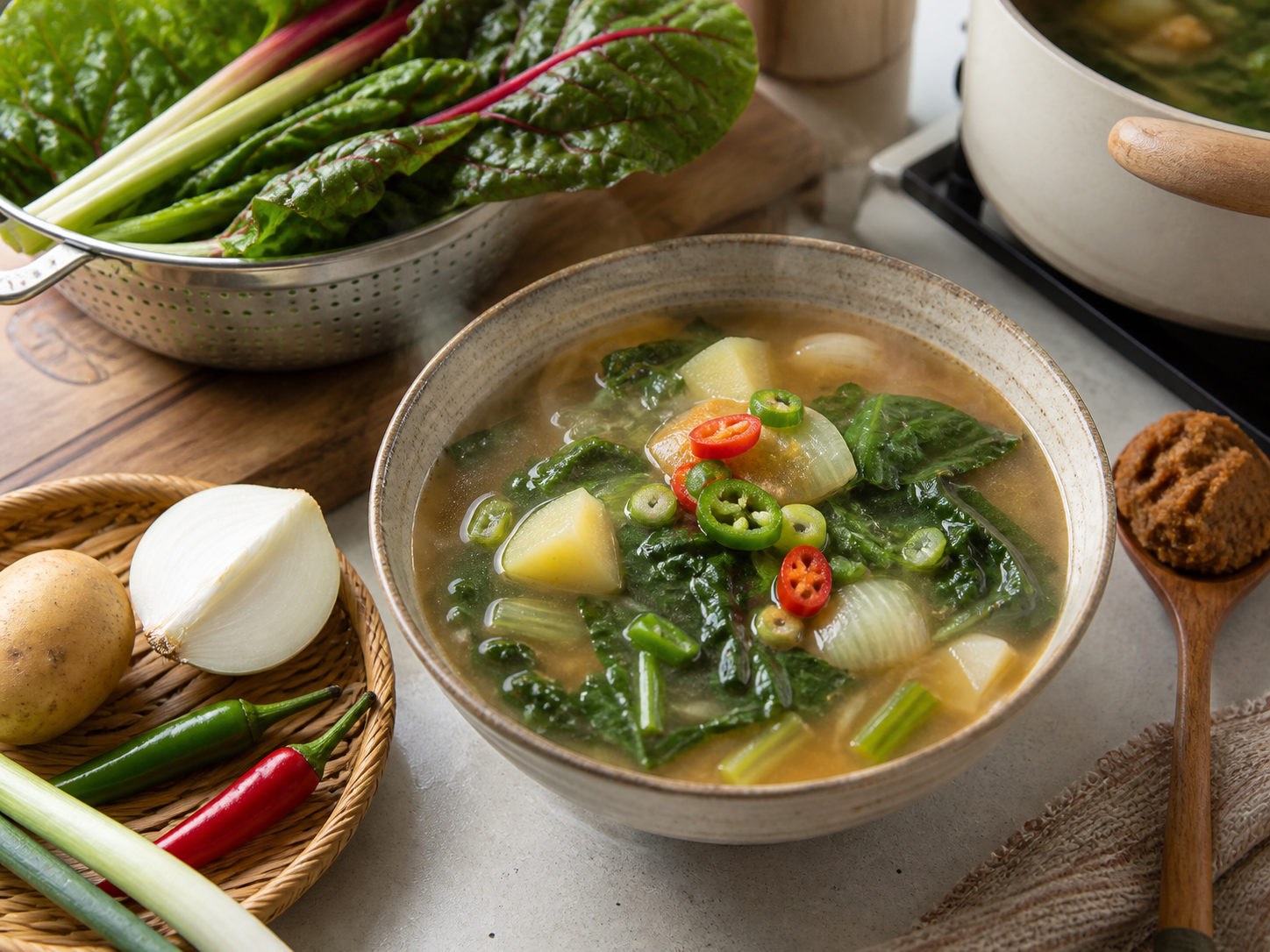 Satu set menu sarapan yang mengenyangkan, dihiasi dengan daun bawang dan cabai, dilengkapi dengan semangkuk nasi putih berisi sup pasta kedelai hangat yang terbuat dari kentang, sawi Swiss, dan bawang bombai.