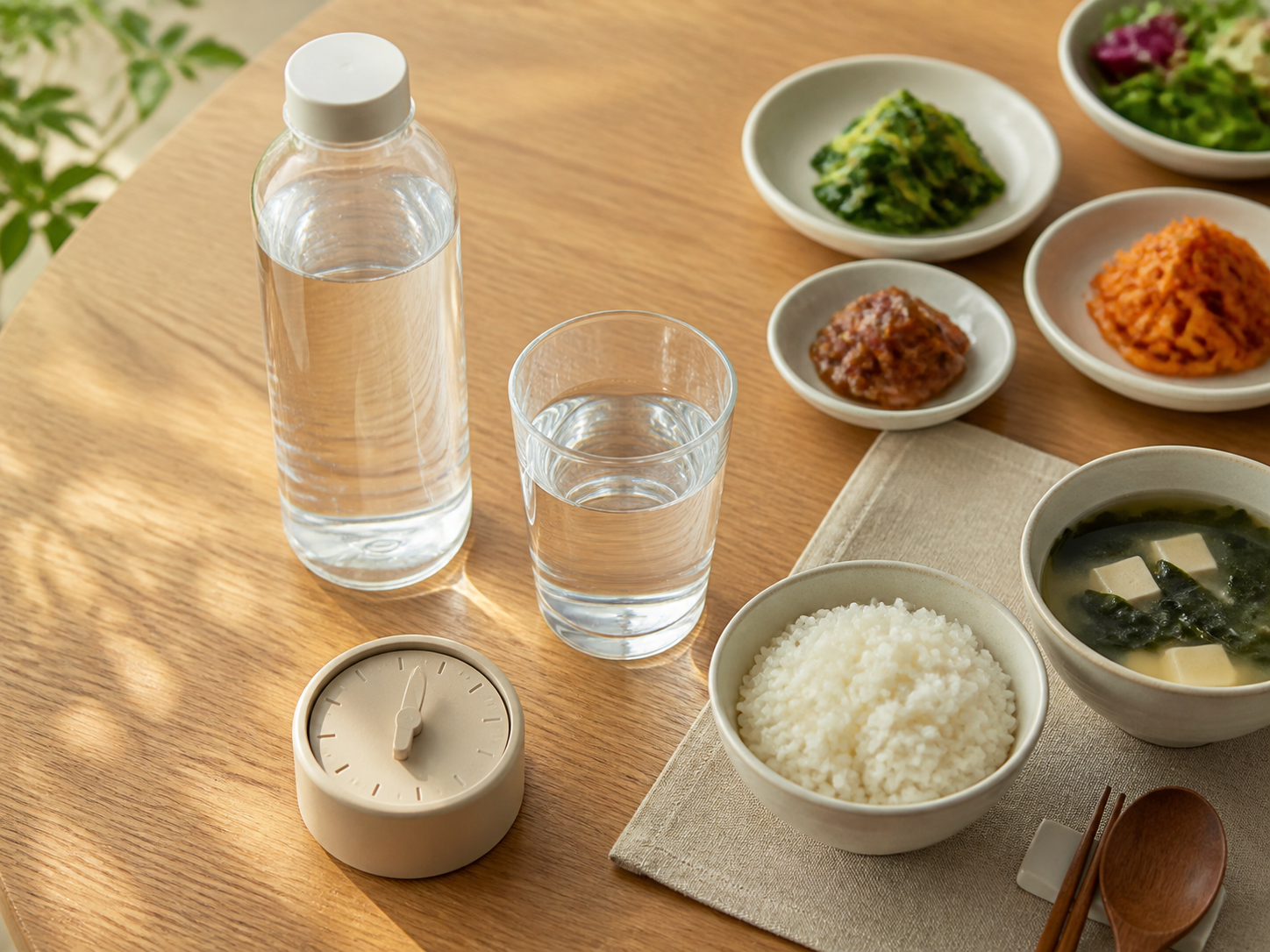 桌上放着一杯水、一顿饭和一个时钟显示屏，上面突出显示了在餐前 30 分钟饮水的最佳时间。