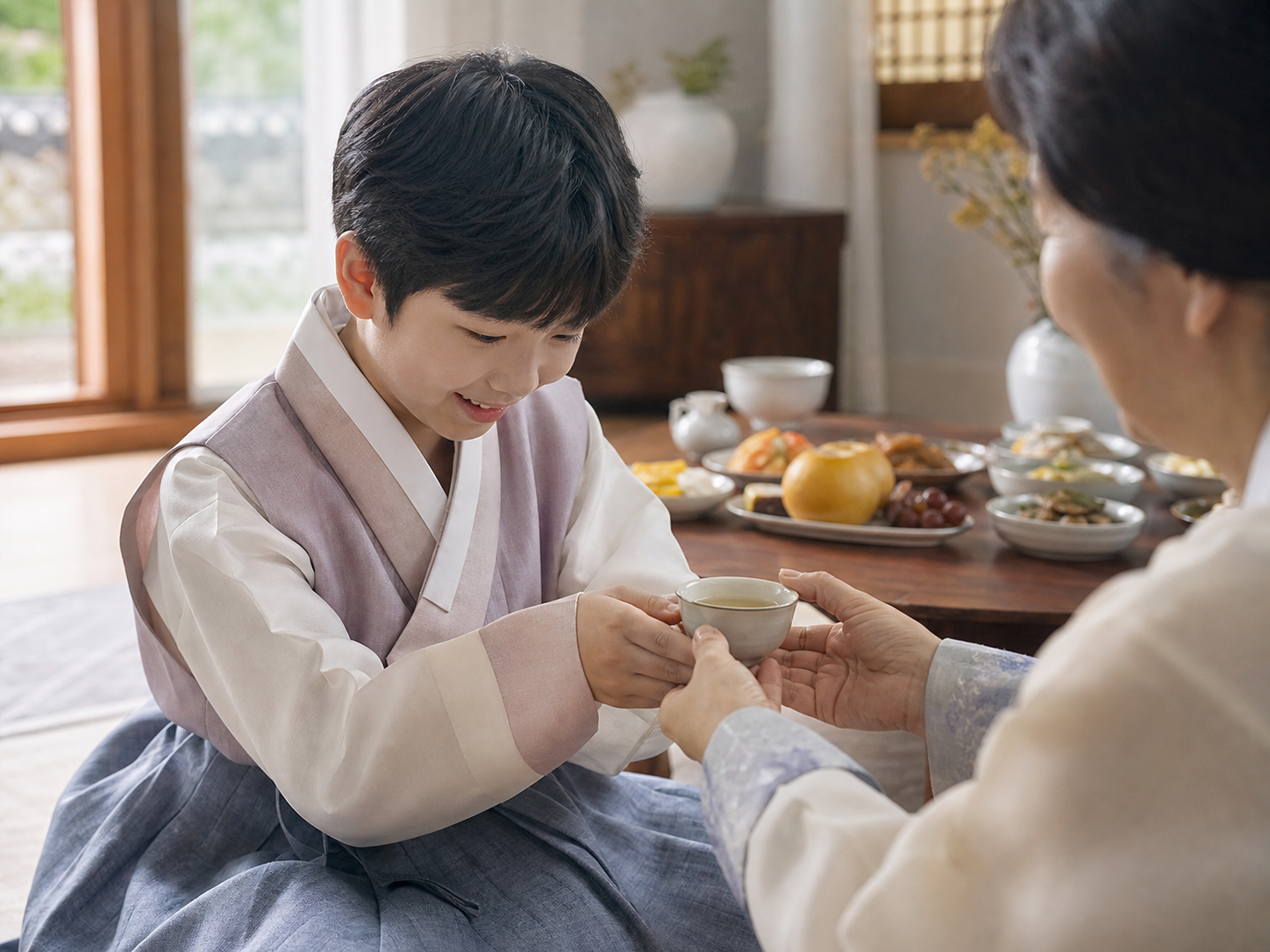Sikap sopan seorang anak dalam menyapa orang tua dengan ekspresi ceria dan mengungkapkan rasa terima kasih sebelum makan selama liburan Chuseok.