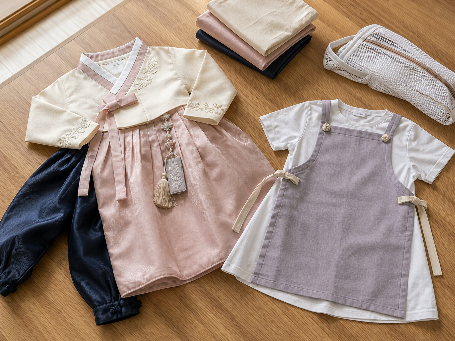 Dua anak membandingkan siluet elegan Hanbok tradisional dengan kenyamanan celemek perpaduan gaya busana.