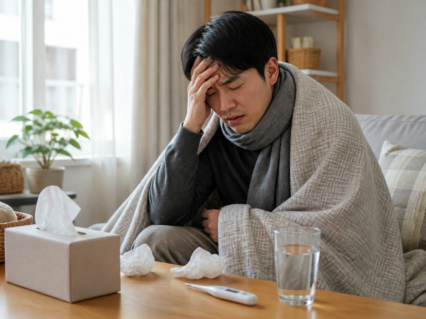 감기와 독감의 증상 시작 순서와 발열·근육통·콧물·기침 강도를 비교한 표 이미지