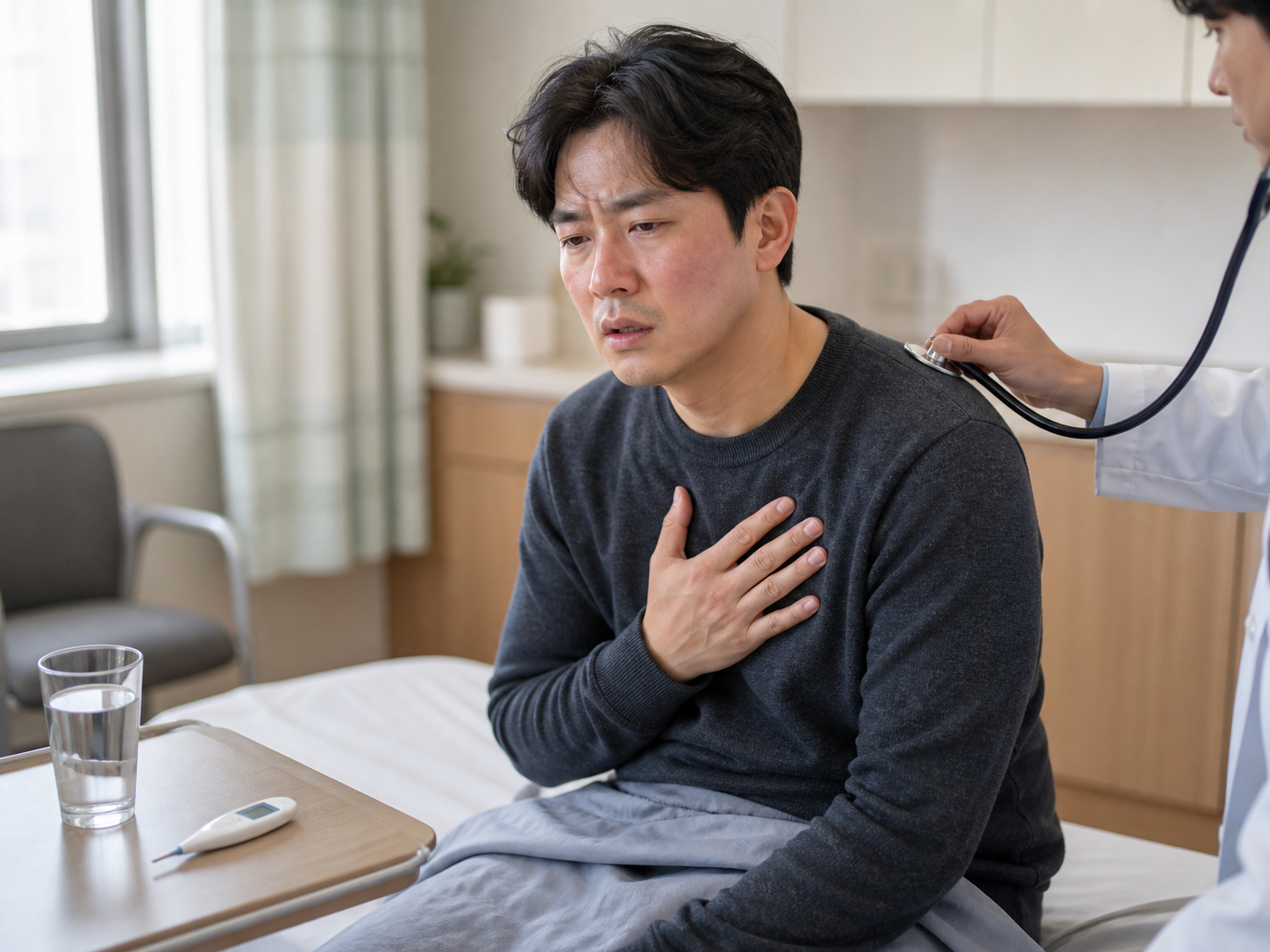 호흡곤란과 가슴 통증, 지속되는 고열 등 감기·독감 진료가 필요한 위험 신호를 설명한 이미지