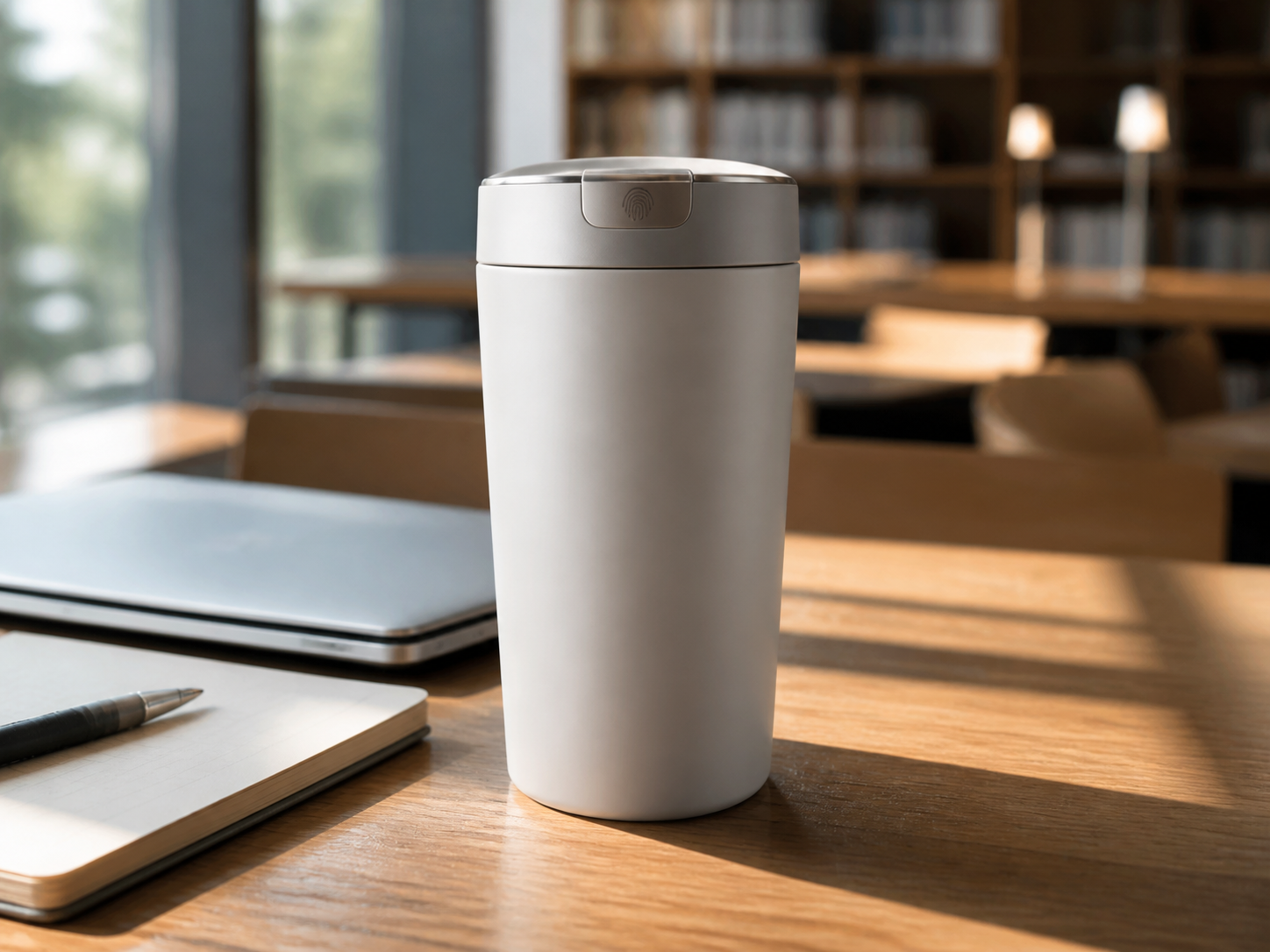 A usage scenario of managing a tumbler with a fingerprint lock while away from one's seat in public spaces such as schools, cafes, and libraries.