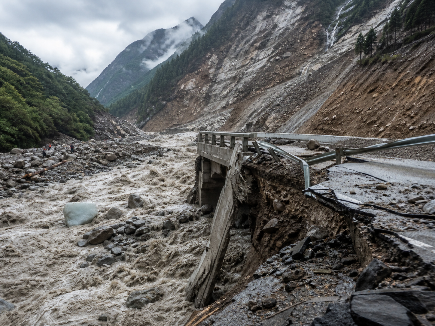 喜马拉雅冰川和岩石崩塌导致泥石流和山洪暴发，山区受损现场。