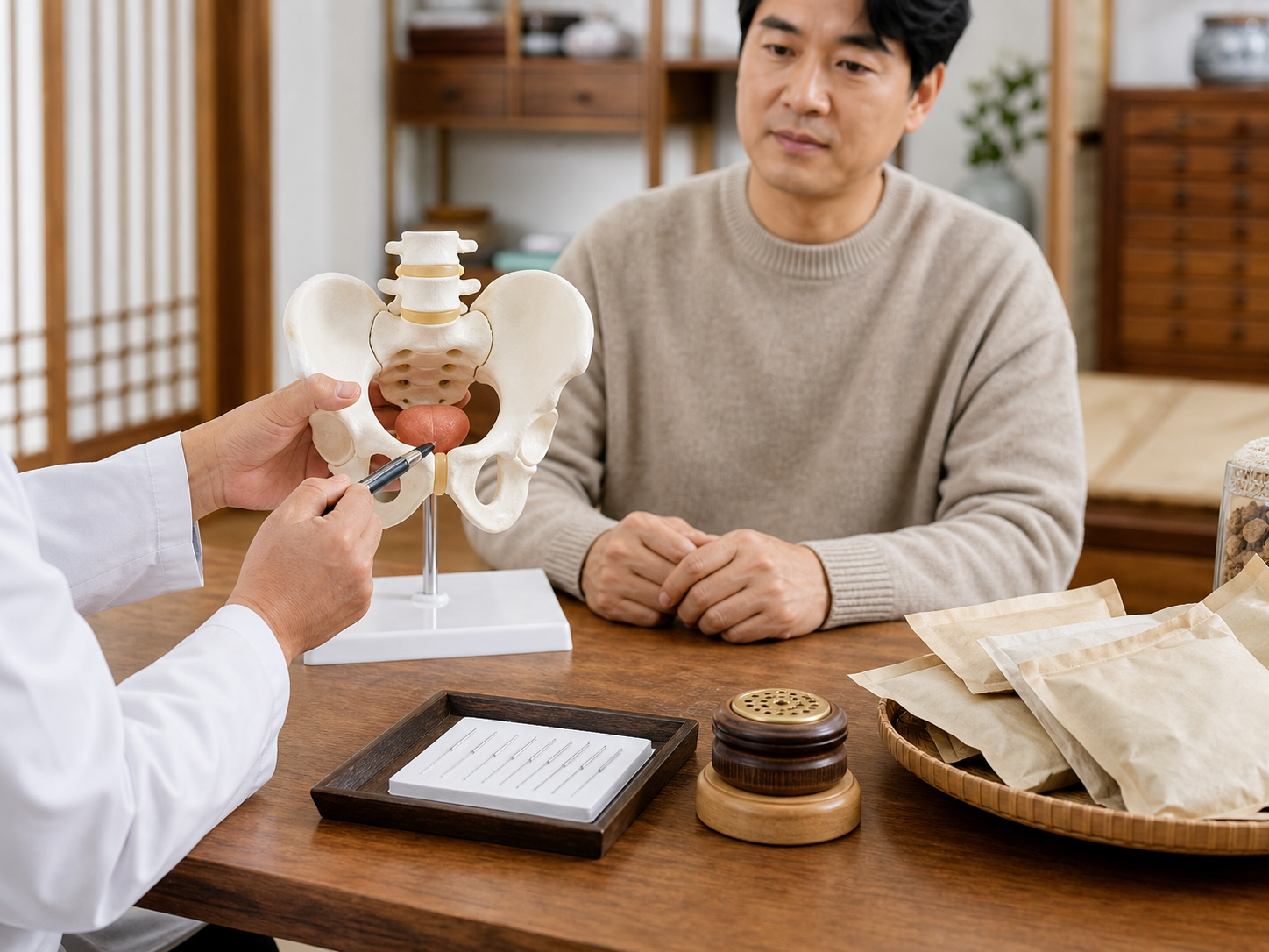 医疗指导图像确认了韩医治疗的范围,如草药、针灸和艾灸,以及泌尿科检查的协调。