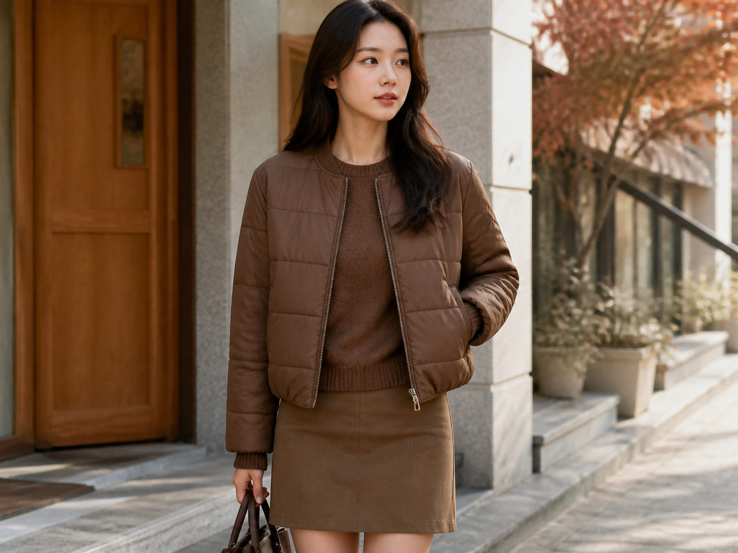 힙 윗선에서 끊기는 브라운 패디드 크롭 재킷과 니트로 완성한 가벼운 상하 비율