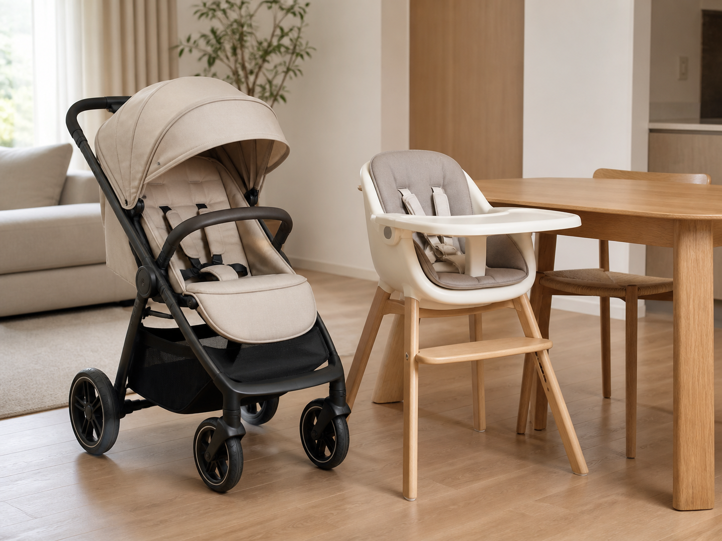 Jajaran produk kereta dorong Bugaboo Butterfly 2 dan Fox 5 Renu, serta kursi makan bayi Donkey 6 Mono dan Giraffe.