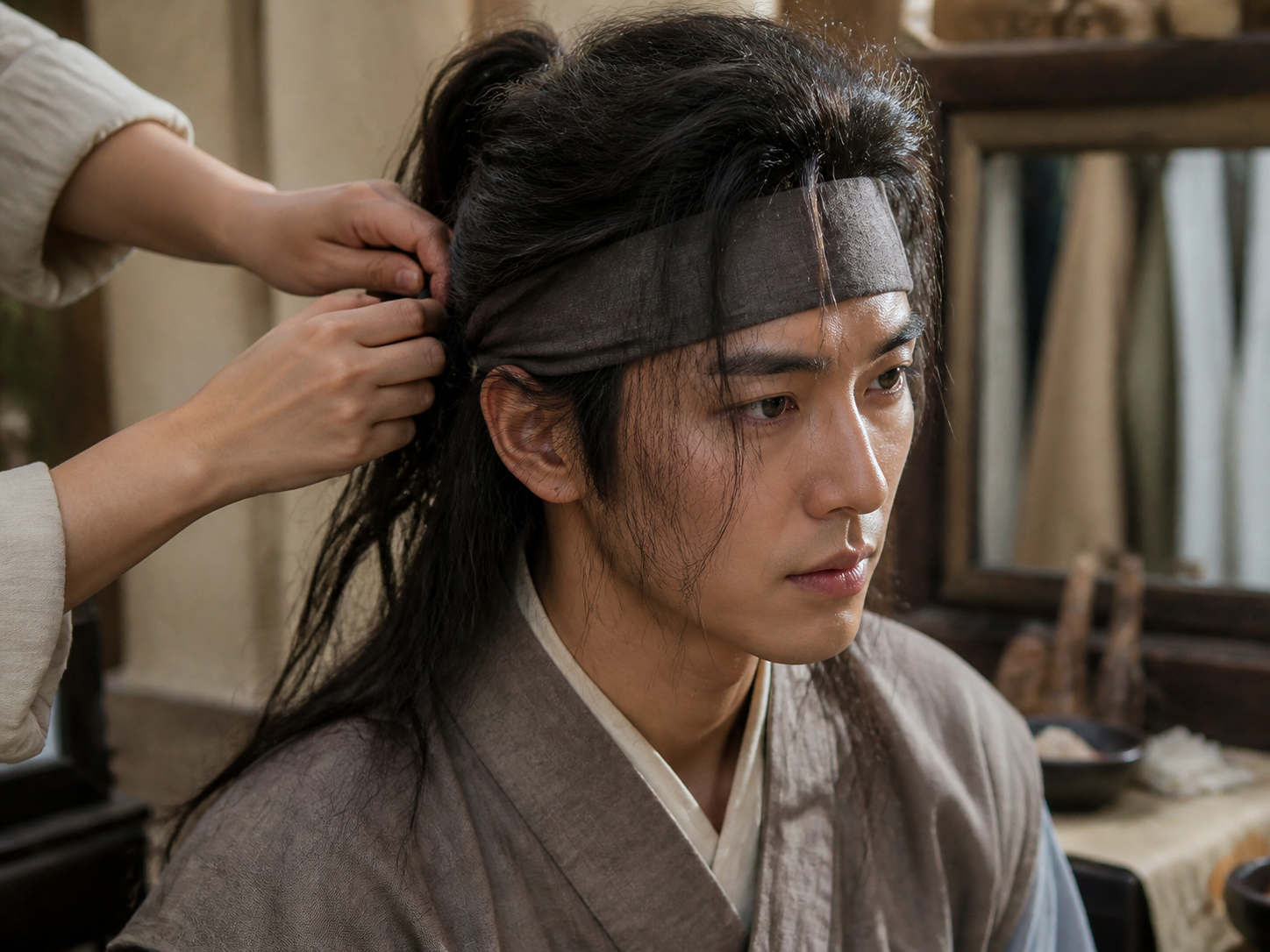 在电视剧《花郎》中，朴叙俊饰演的无名一角，以凌乱的头发和半扎发造型亮相。