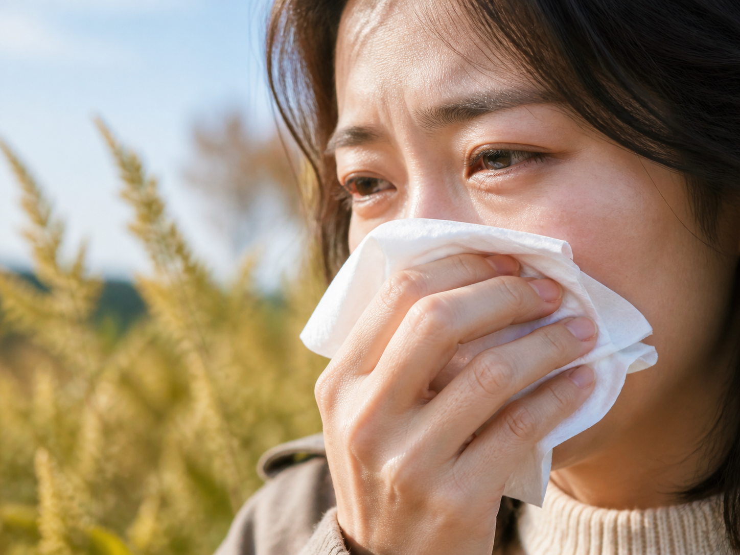 Comparison chart distinguishing rhinitis and the common cold by symptoms, indicated by fever, runny nose, sneezing, and eye symptoms