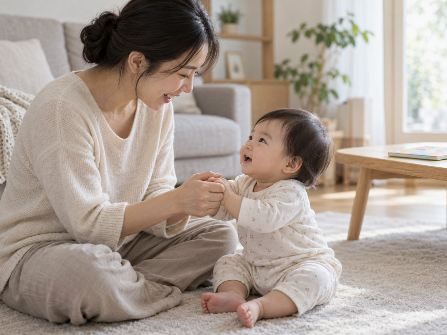 영유아기 애착 형성이 지식 교육보다 중요한 이유를 보여주는 부모와 아기의 상호작용 장면