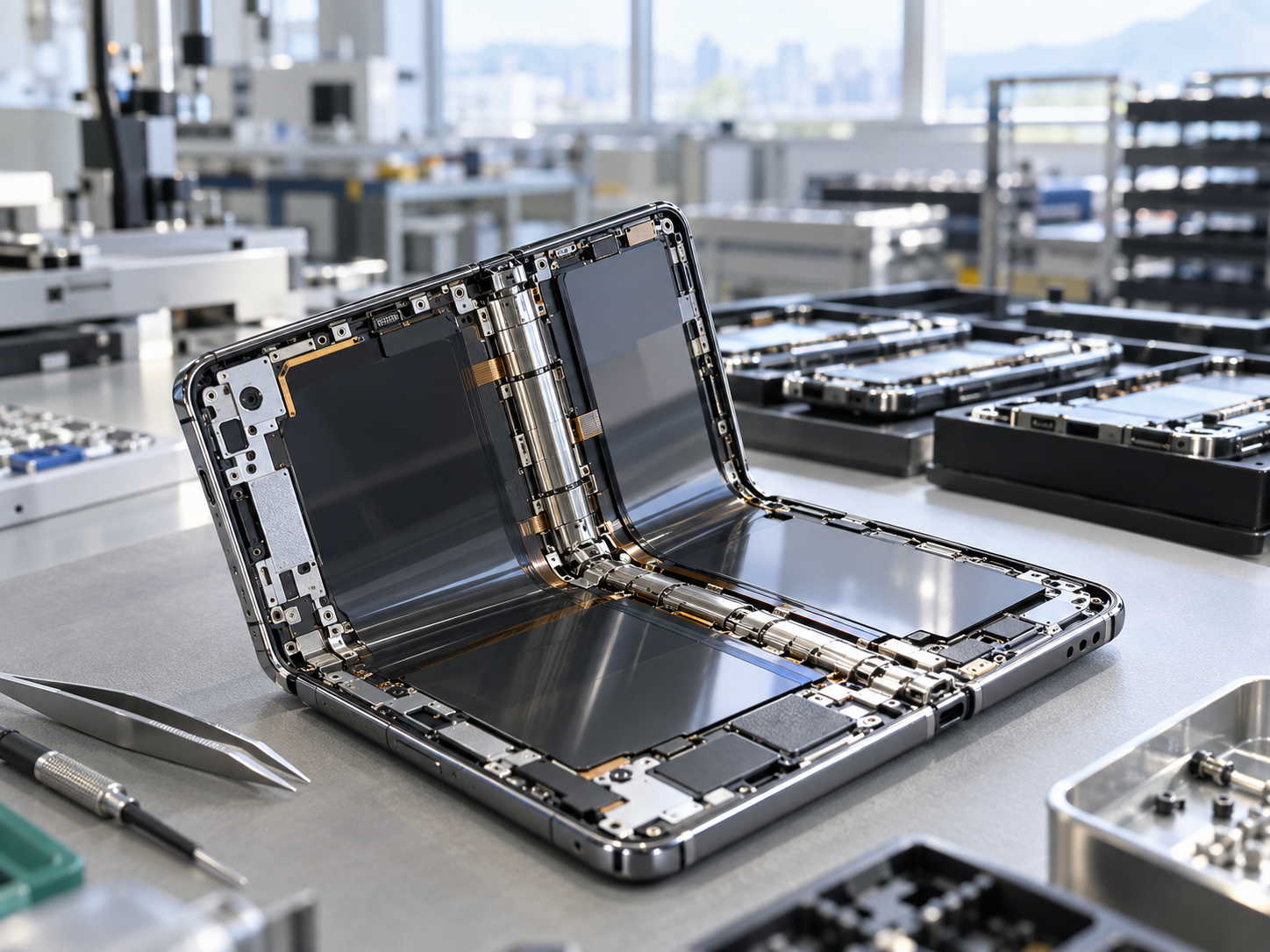 Gambar yang menjelaskan proses perakitan lipat yang kompleks dari iPhone duo dan prospek kekurangan produksi awal.