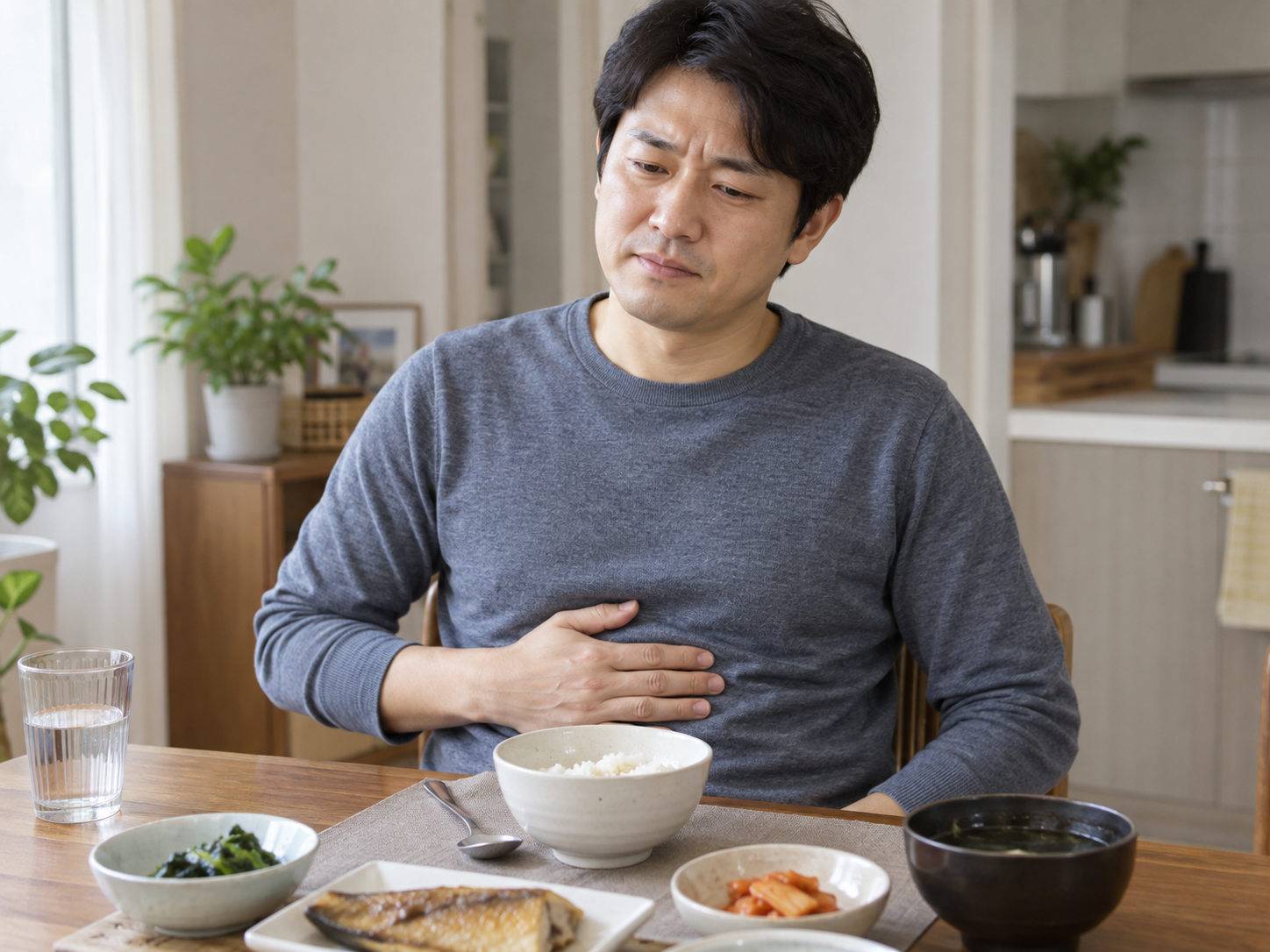 남성이 밥을 몇 숟갈 먹은 뒤 윗배가 답답하고 금세 포만감을 느끼는 모습