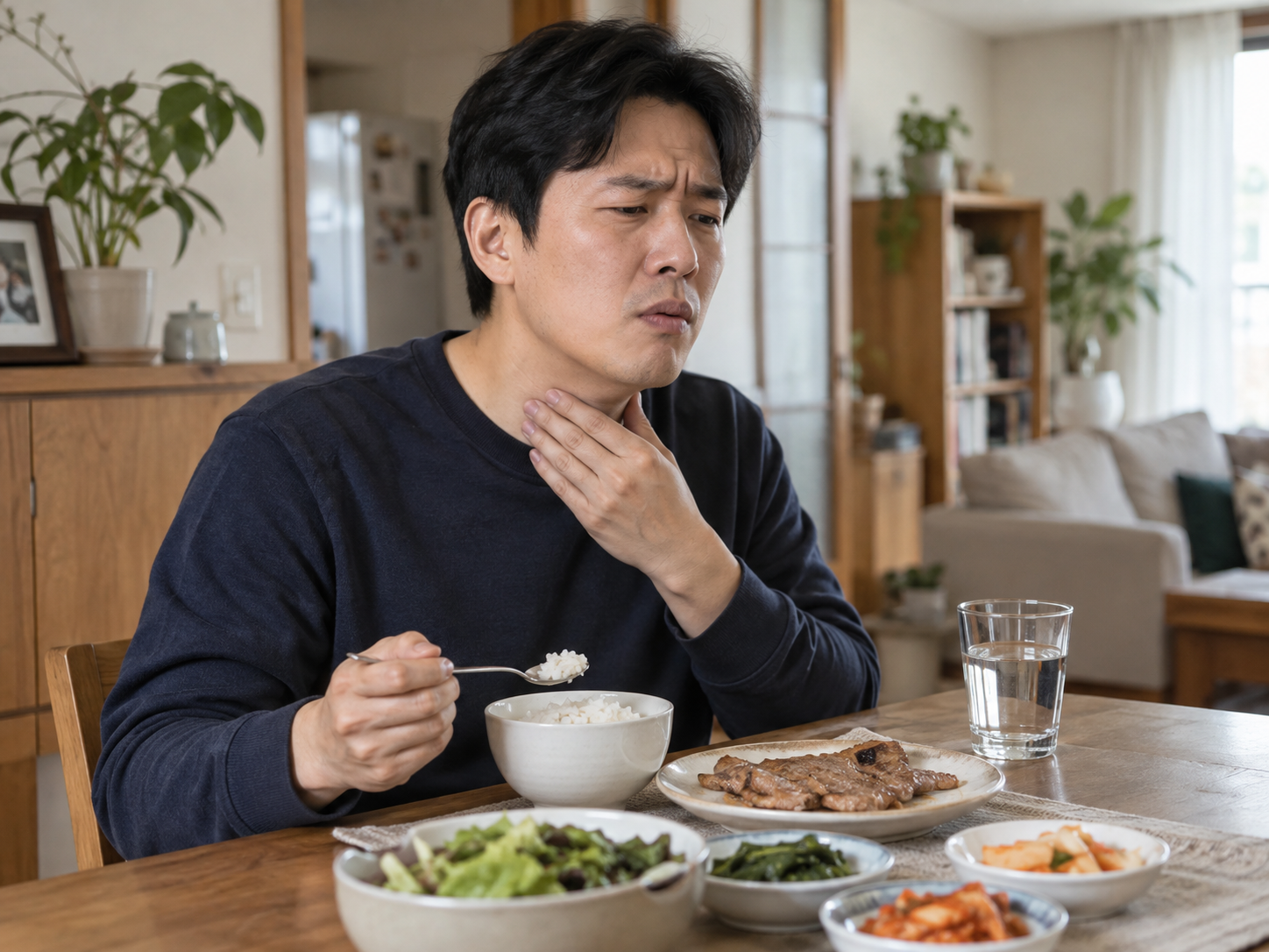 밥이나 고기를 삼킬 때 목 아래와 가슴에 음식이 걸려 물을 마시는 남성의 모습