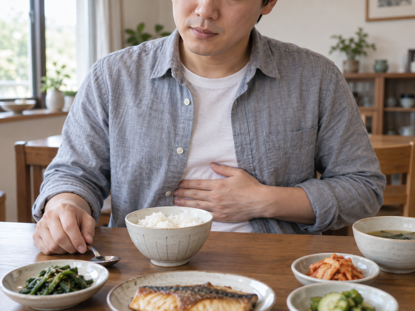 평소보다 적은 양을 먹고도 배가 부르며 명치 답답함을 느끼는 남성의 식사 장면