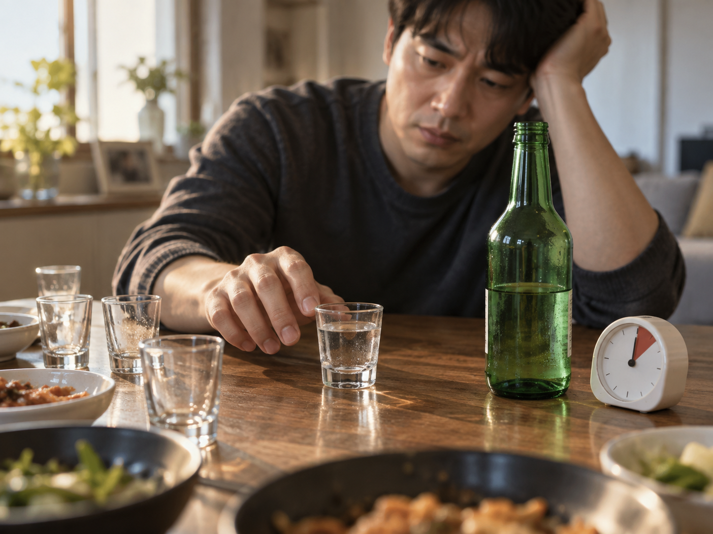 정한 음주량과 종료 시간을 지키지 못하고 술을 계속 마시는 모습