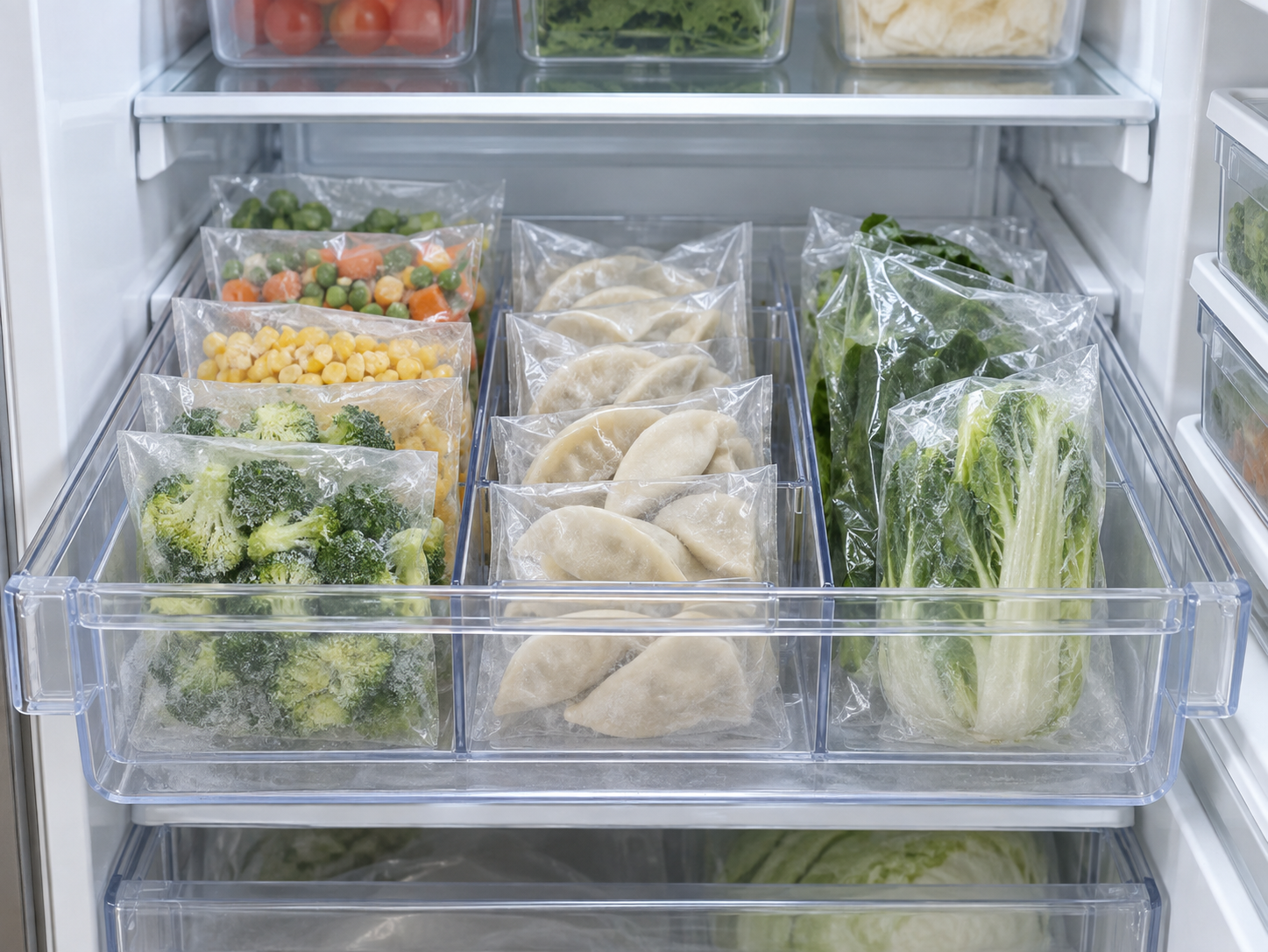 Inside the refrigerator, frozen dumplings and small-packaged vegetables separated by type in a transparent tray