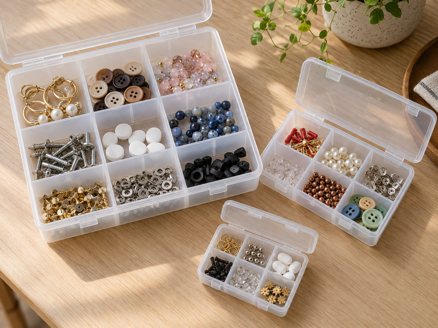 Medicine, accessories, and small materials sorted into color section cases of different sizes.