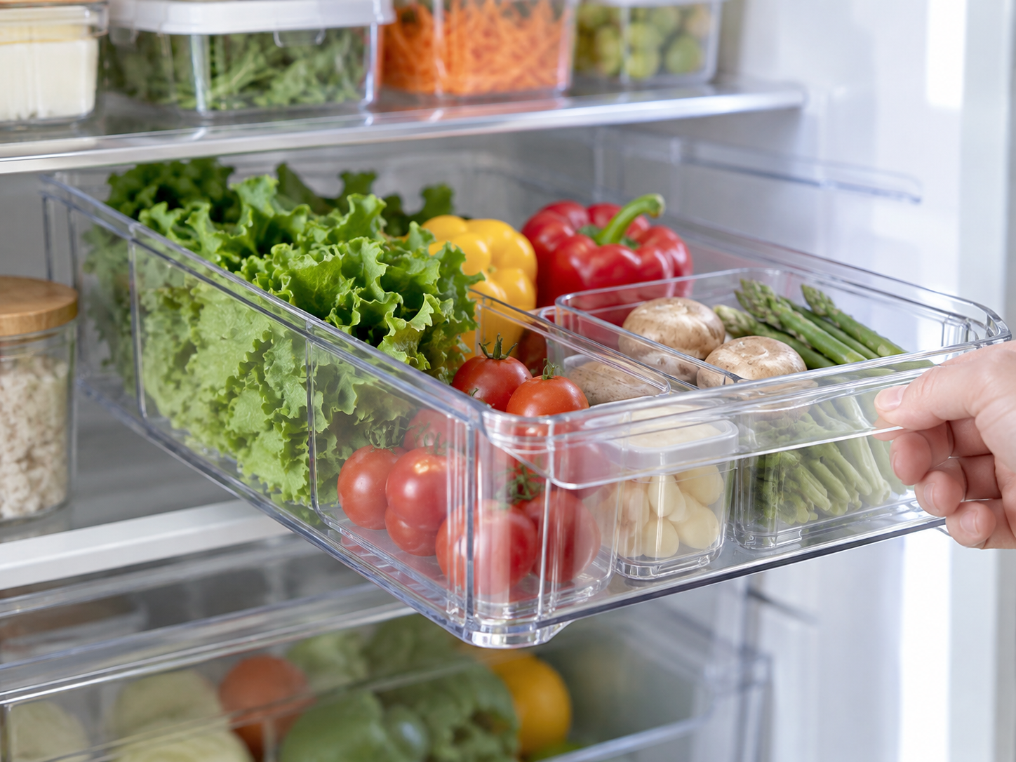 The act of selecting organizing products to address recurring inconveniences among a refrigerator, drawers, and shoe cabinet.
