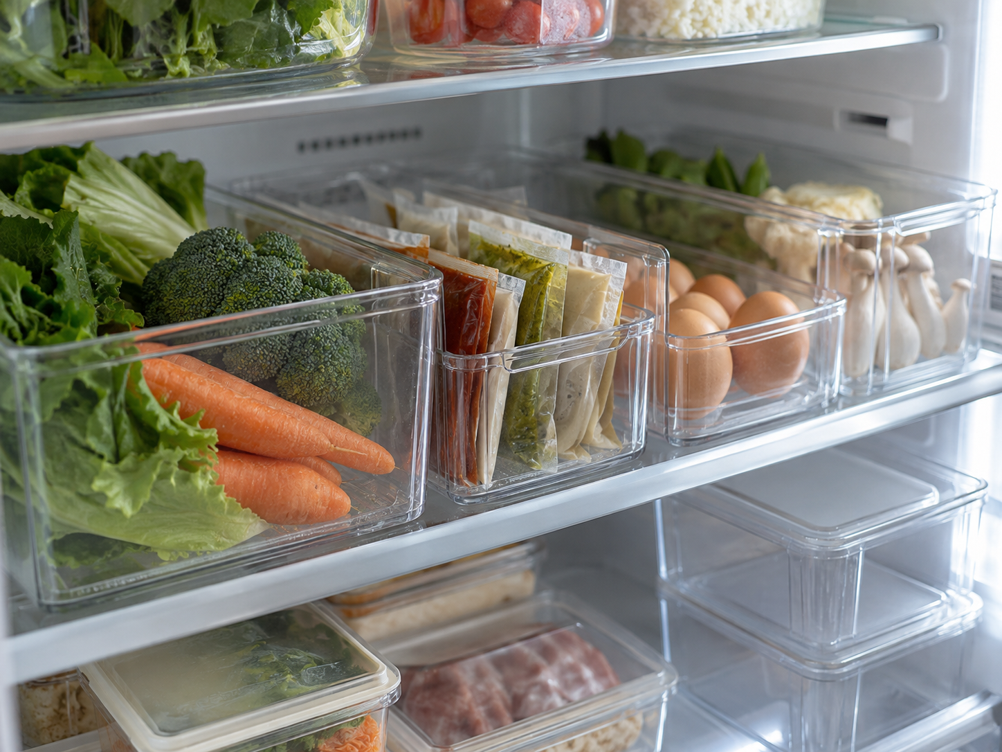 Items arranged in a refrigerator, drawers, and shoe cabinet to reduce recurring daily inconveniences.