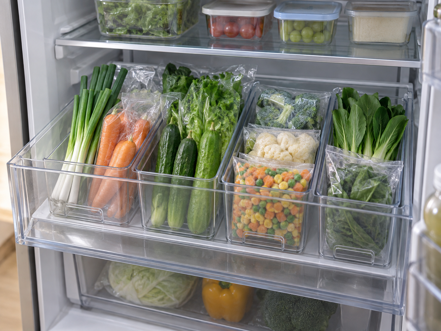 The interior of the refrigerator, with frozen ingredients and small-packaged vegetables arranged by type on a transparent tray.
