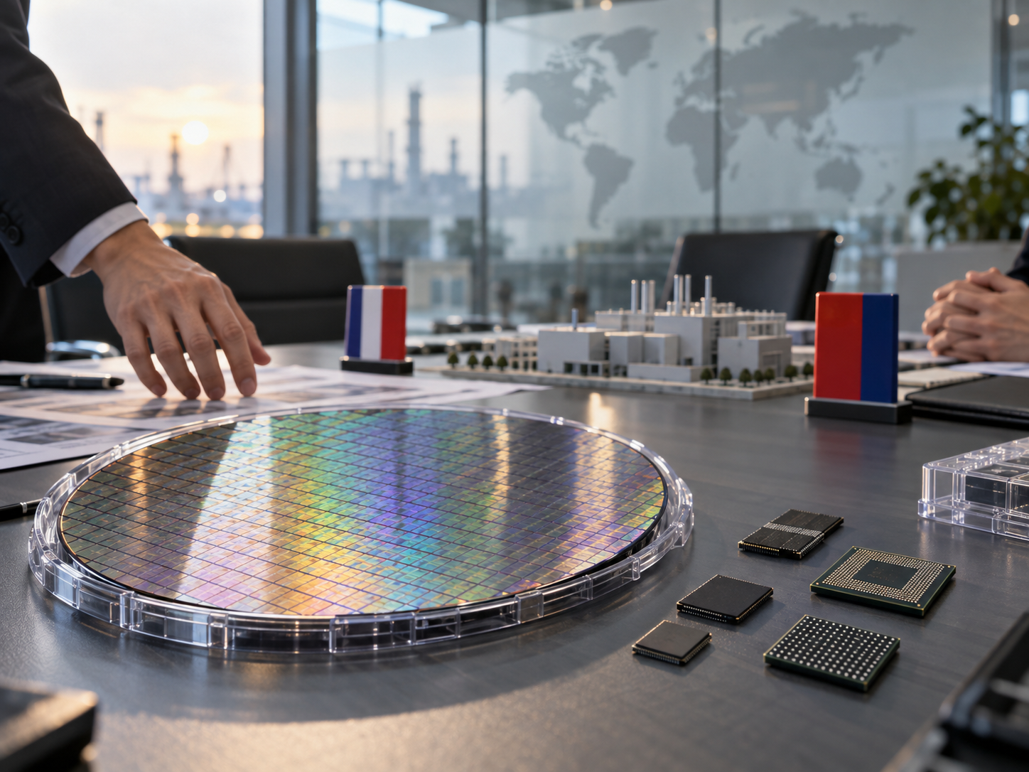Comparison table of SK Hynix and Samsung Electronics' stock prices and net purchases, and an image symbolizing the US-China conflict and policy variables