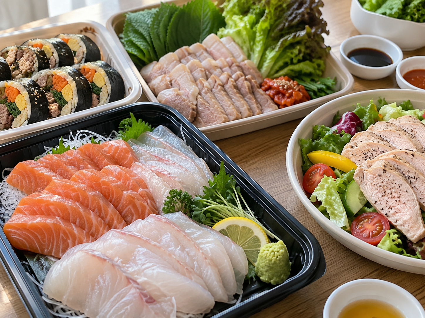 생선회, 키토 김밥, 수육·보쌈, 닭가슴살 샐러드를 비교하며 배달 다이어트 메뉴를 고르는 모습