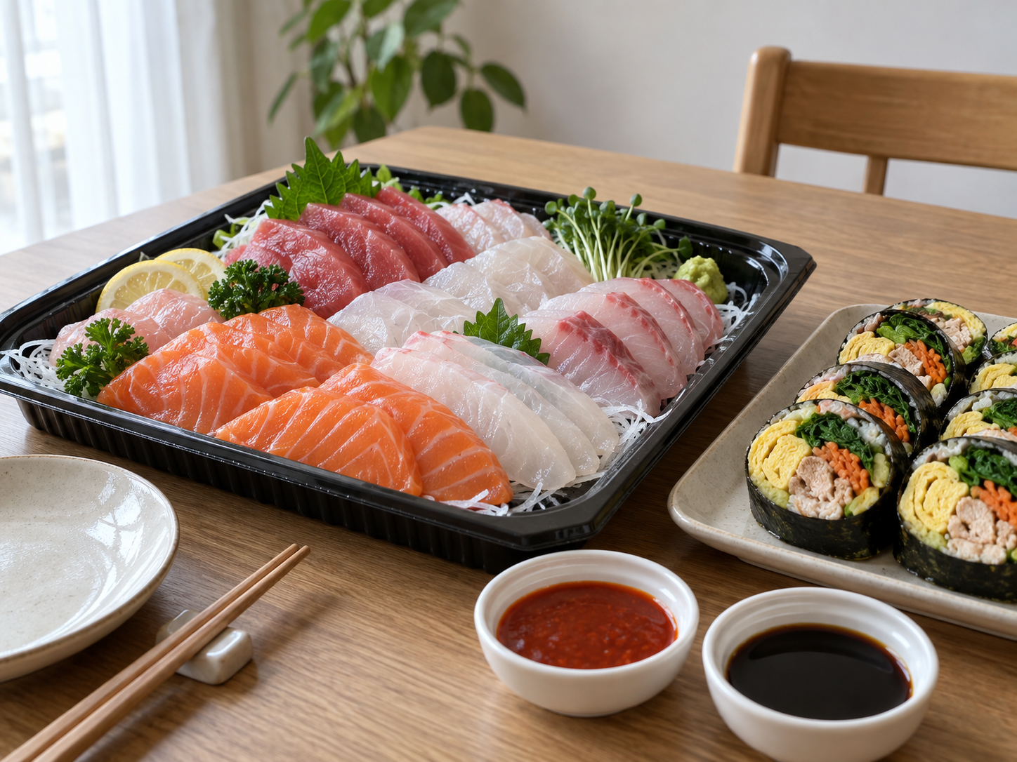 생선회와 키토 김밥의 밥과 소스를 확인하고 초장과 간장을 따로 덜어 먹는 모습