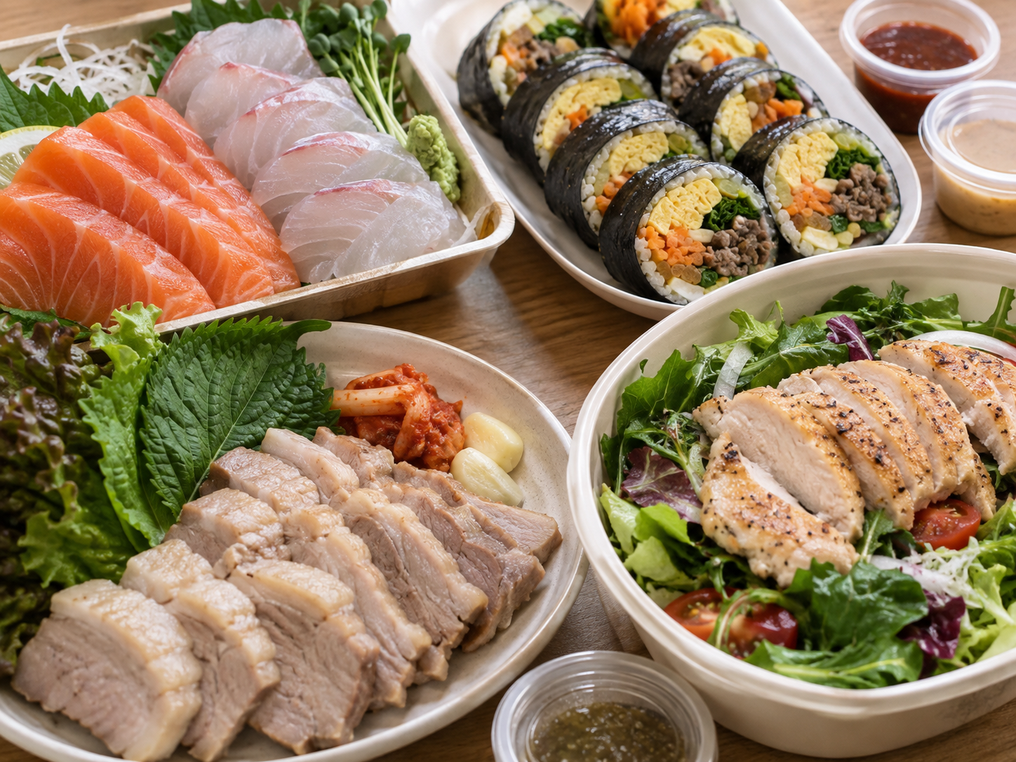 생선회, 키토 김밥, 수육·보쌈, 닭가슴살 샐러드의 장점과 줄일 요소를 비교한 모습