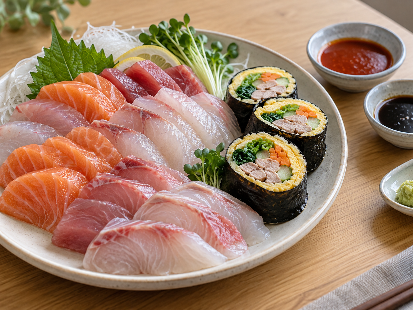생선회와 키토 김밥에서 밥과 소스, 가공육 재료를 확인하는 배달 메뉴 비교 모습