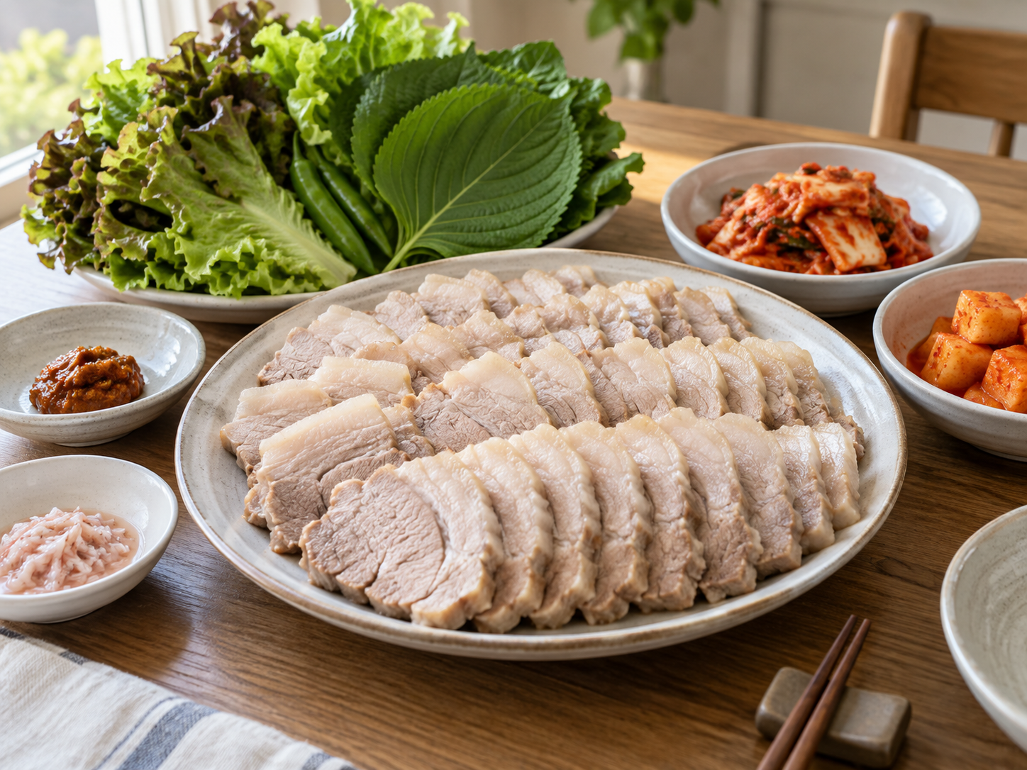 수육과 보쌈의 고기 부위, 쌈채소, 양념과 추가 탄수화물을 살펴보는 모습