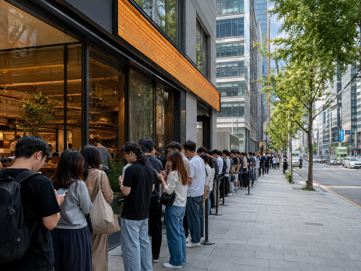 The location of Chipotle Gangnam branch along the main road from Gangnam Station Exit 10 toward Sinnonhyeon Station, and the waiting line stretching all the way to in front of Eight Pharmacy.