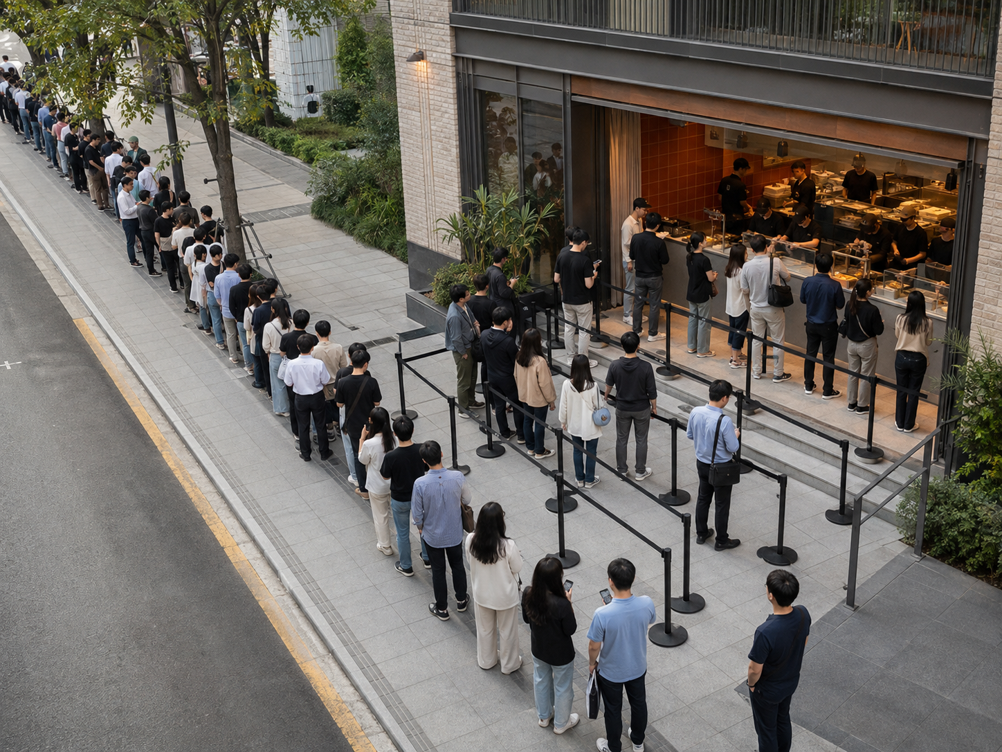 A double structure consisting of a three-row zigzag secondary waiting line set up in front of the Chipotle Gangnam branch and a long primary waiting line extending from the main road.