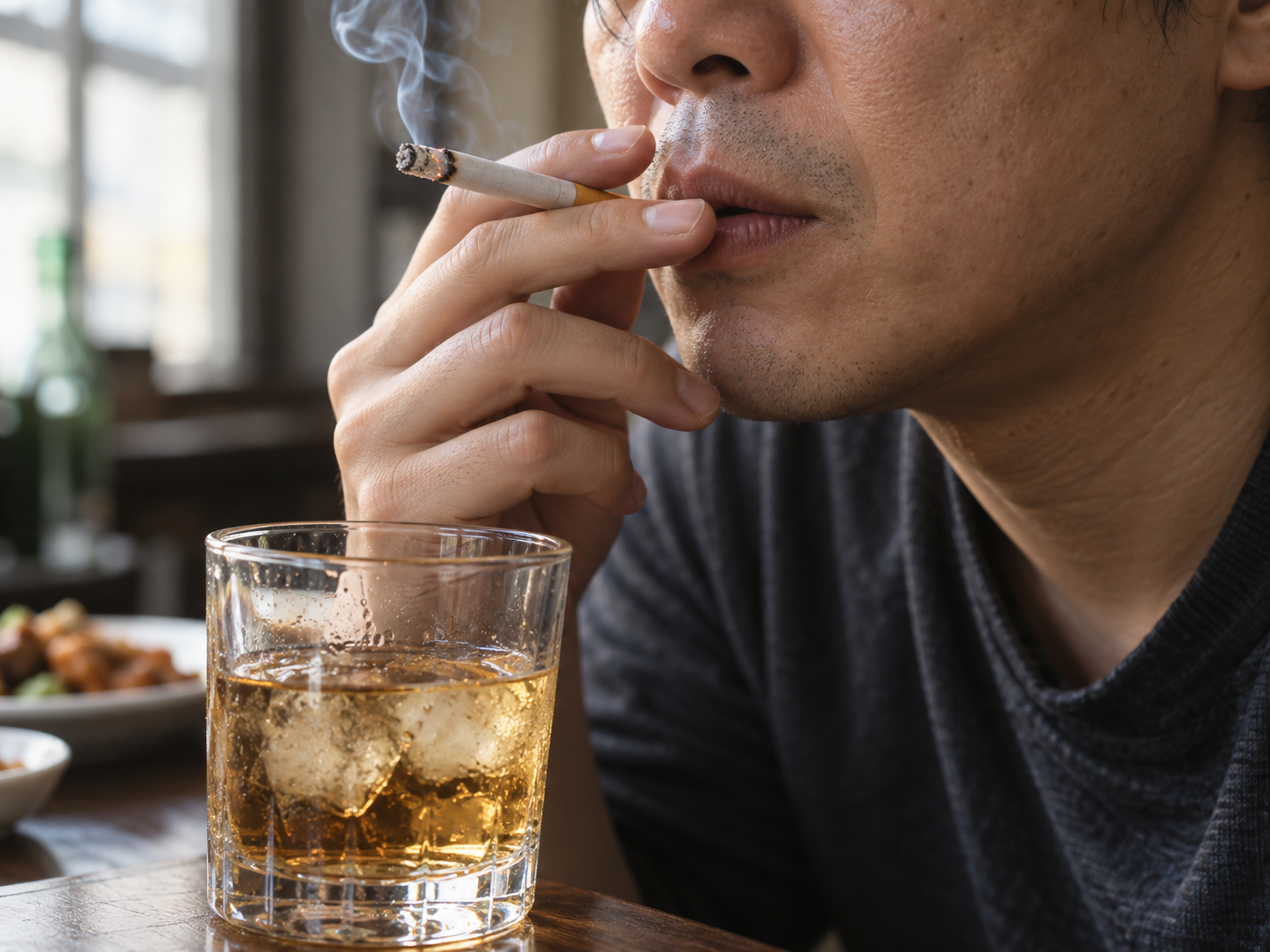담배와 술이 구강·인두·후두 점막을 반복 손상시켜 두경부암 위험을 높이는 모습