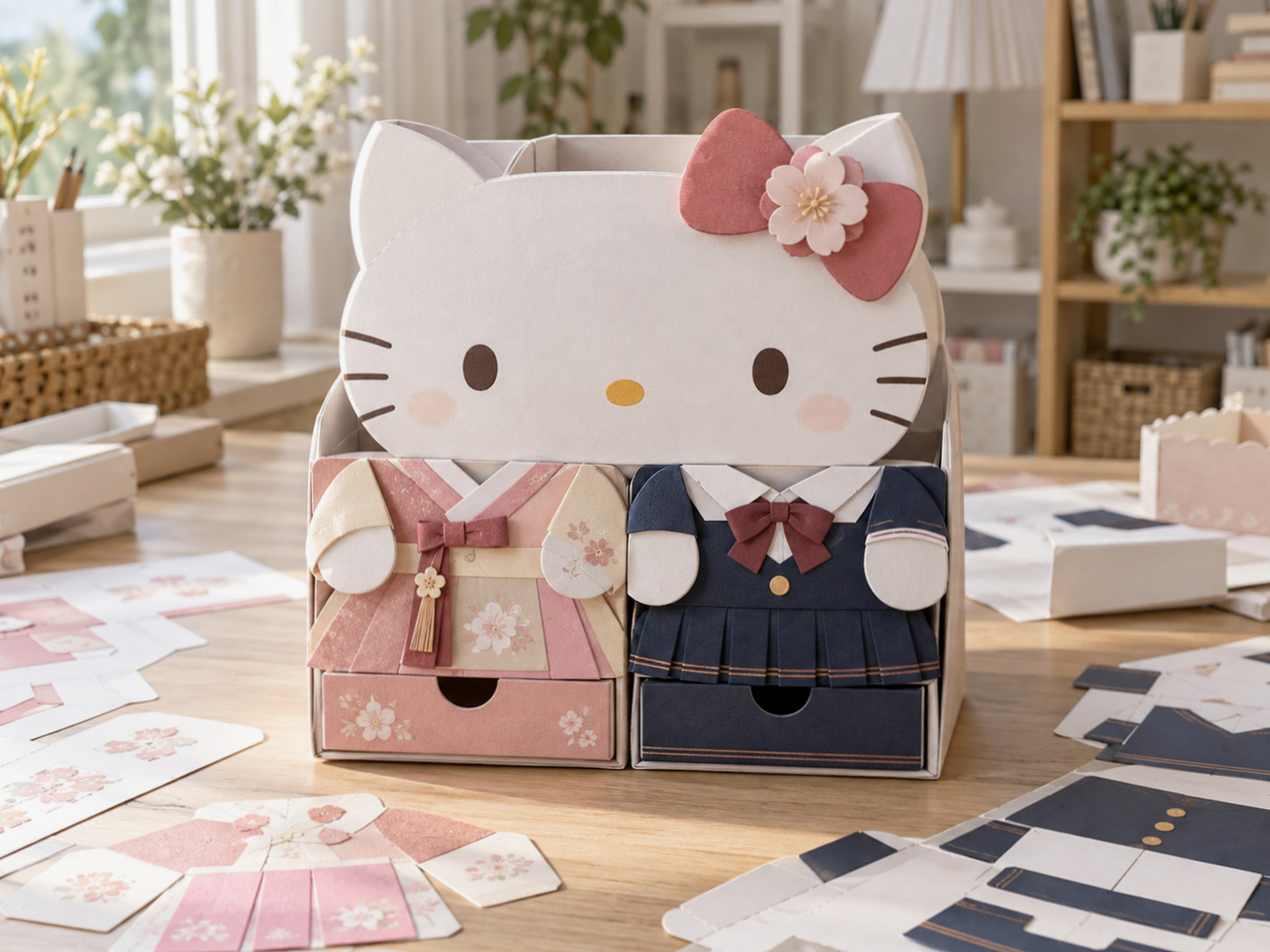 Gambar perbandingan pola mainan kertas Hello Kitty Edisi Hanbok dan Edisi Seragam Sekolah.