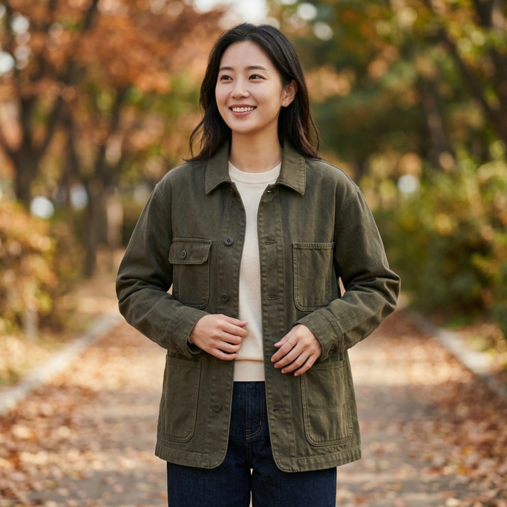 Gambar thumbnail ulasan pakaian luar musim gugur yang menampilkan jaket overall wanita Uniqlo ukuran M, memperkenalkan harga dan pilihan warna.