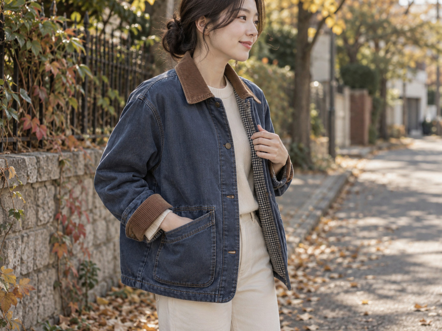 Jaket overall dengan bahan kanvas katun dan detail kerah korduroi yang kontras.