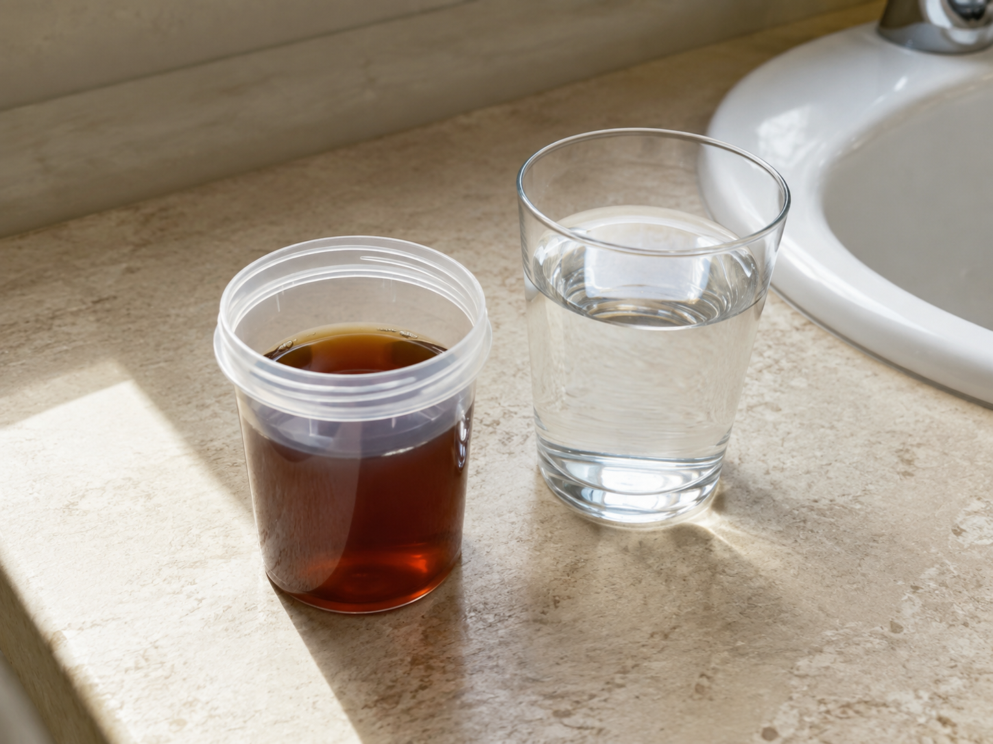Brown or cola-colored urine and jaundice symptoms that persist despite drinking enough water