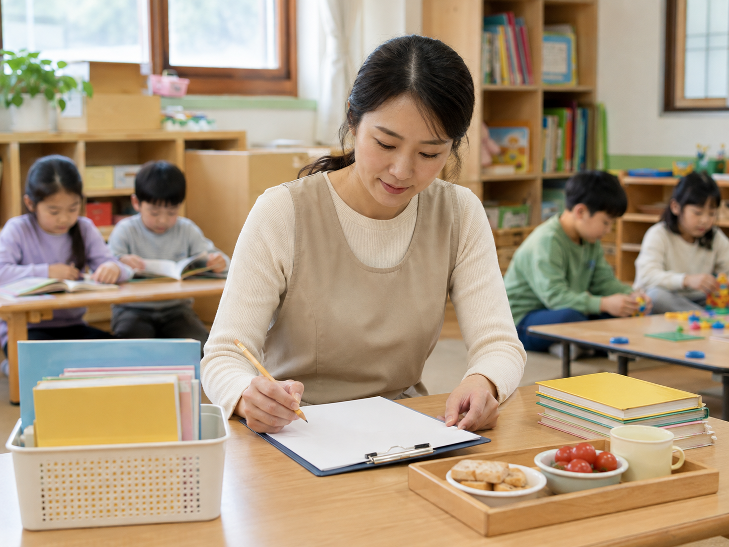 A scene showing attendance checks, snack supervision, play activities, return-home management, and communication with guardians being conducted in the after-school care classroom.