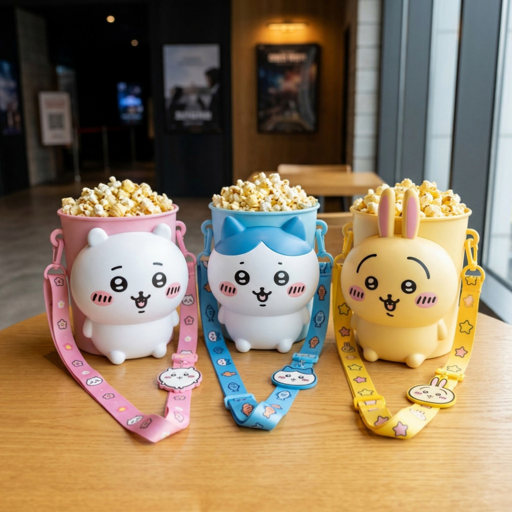 CGV 먼작귀(치이카와) 입체 팝콘통 3종과 캐릭터별 크로스 스트랩을 나란히 소개하는 썸네일 이미지