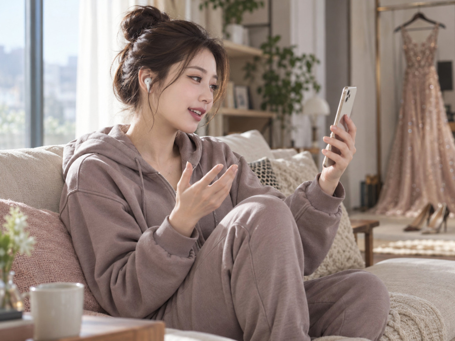편안한 트레이닝복 차림으로 5시간 틱톡 라이브 방송을 진행하는 한채영