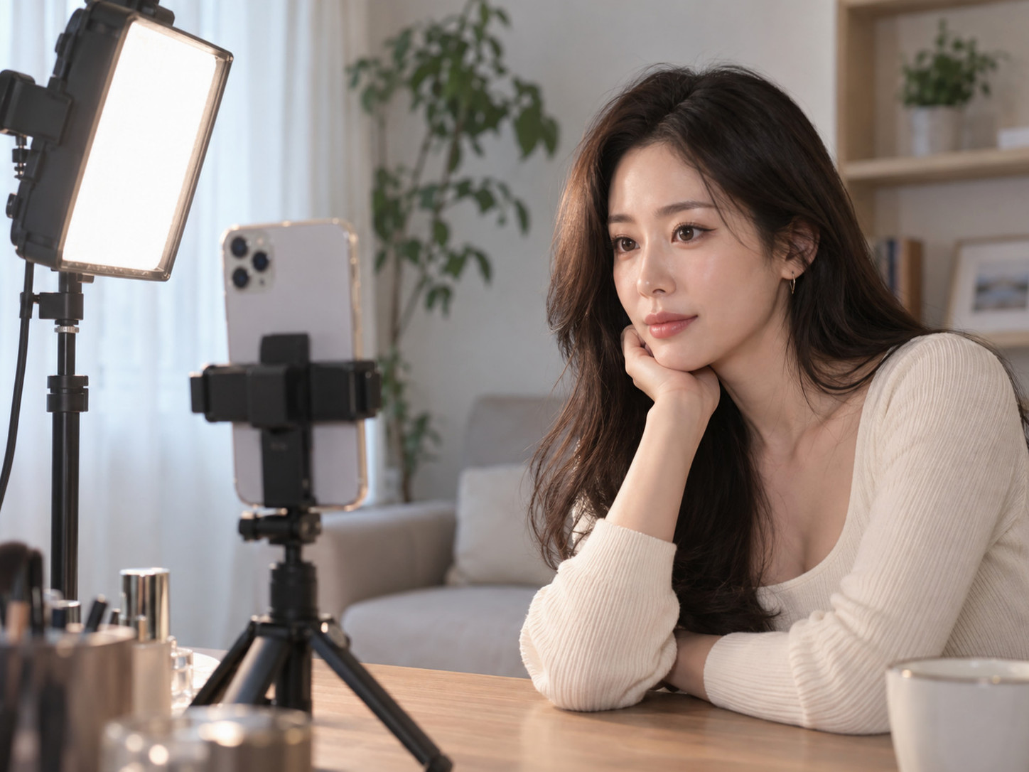 보정 없는 라이브 화면 속 진한 아이라인과 갸름해 보이는 한채영의 얼굴선
