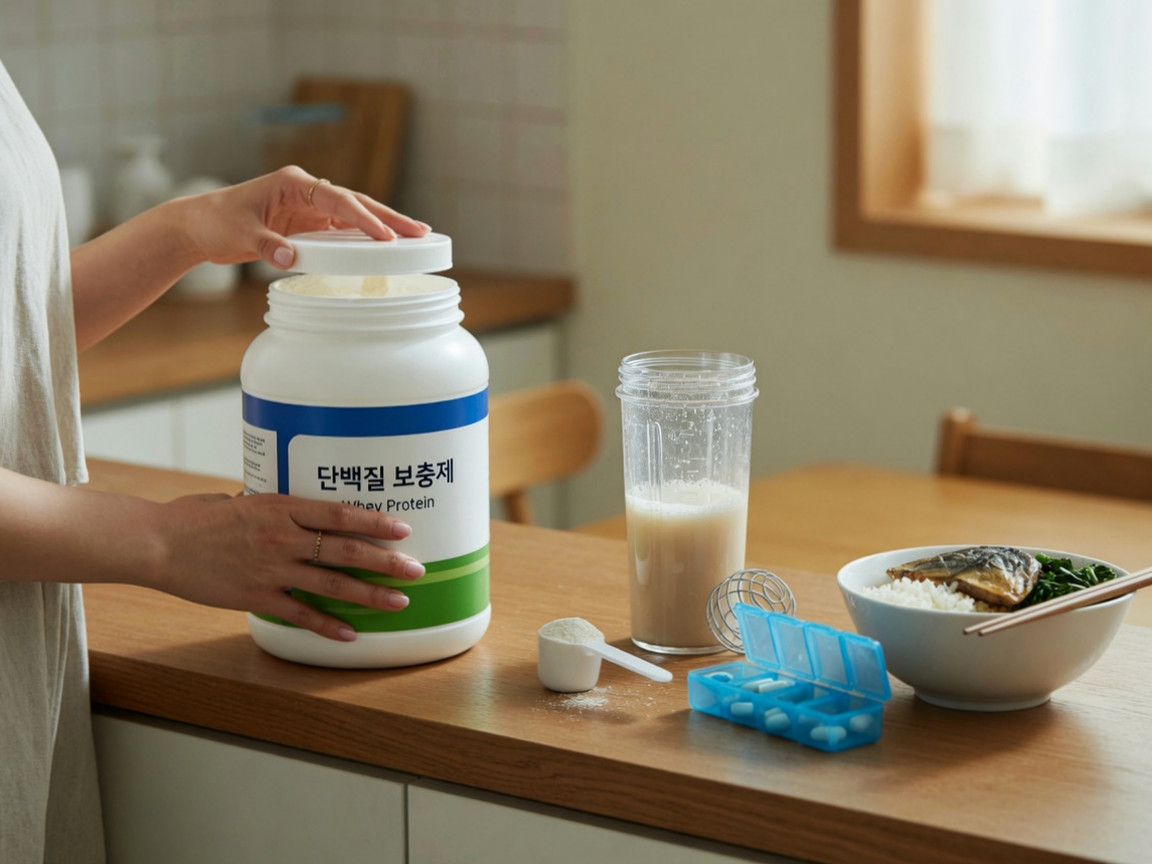 Seorang pria lanjut usia meletakkan suplemen protein kiriman putrinya di atas meja makan, hendak meminumnya untuk menjaga kekuatan fisiknya.