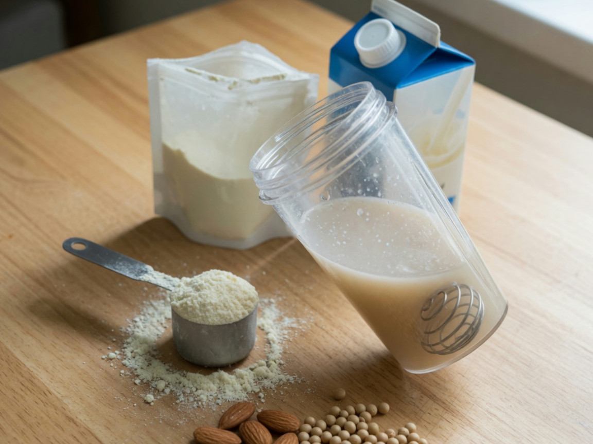 Suplemen bubuk yang terbuat dari susu dan protein kedelai yang dicampur dengan air, dengan produk minuman diletakkan di sebelahnya.