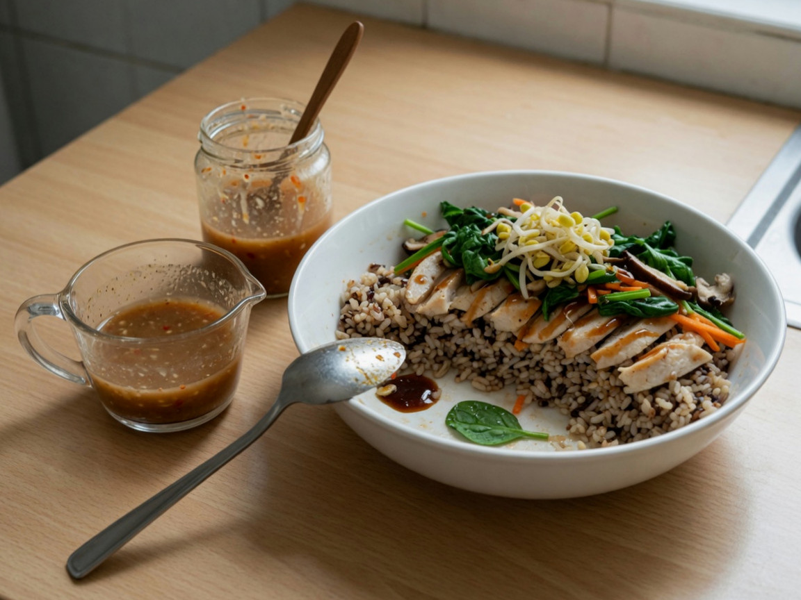 Sebuah adegan yang menunjukkan kandungan gula dan kalori saus dengan menggambarkan saus teriyaki dan bumbu bulgogi, yang tinggi gula dan sirup jagung, dituangkan ke atas semangkuk nasi.