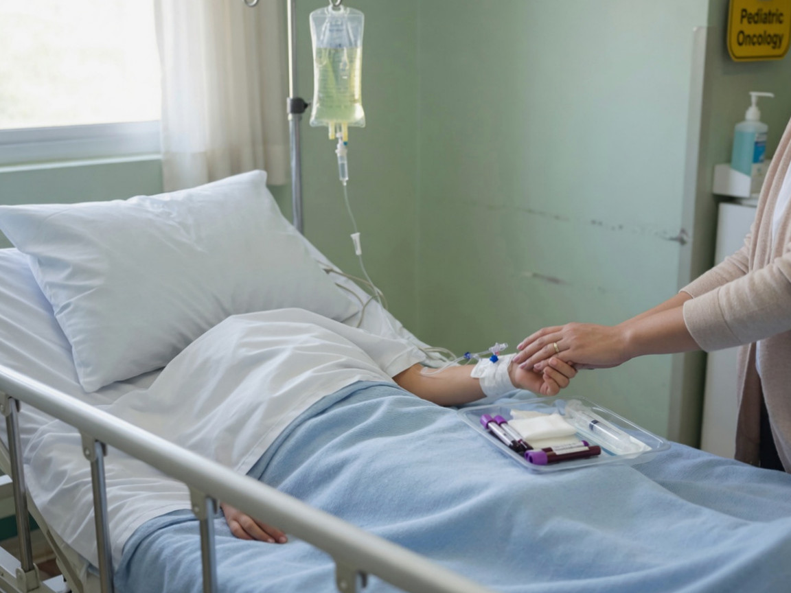 A mother's hand keeping watch over her child, hospitalized and beginning treatment after being diagnosed with acute T-cell lymphoblastic leukemia.